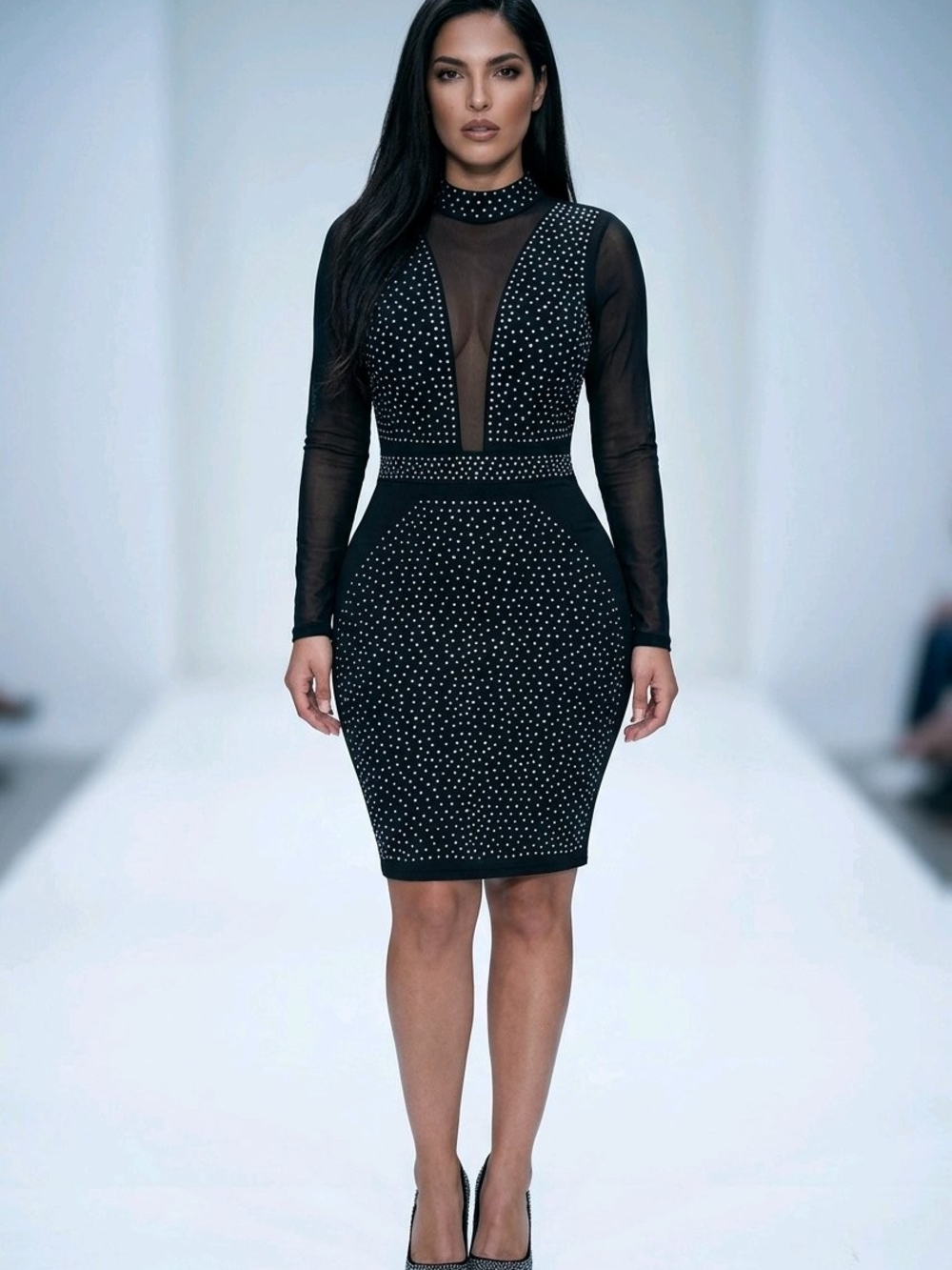 VENUS Black Long-Sleeve Studded Mesh Bodycon Dress